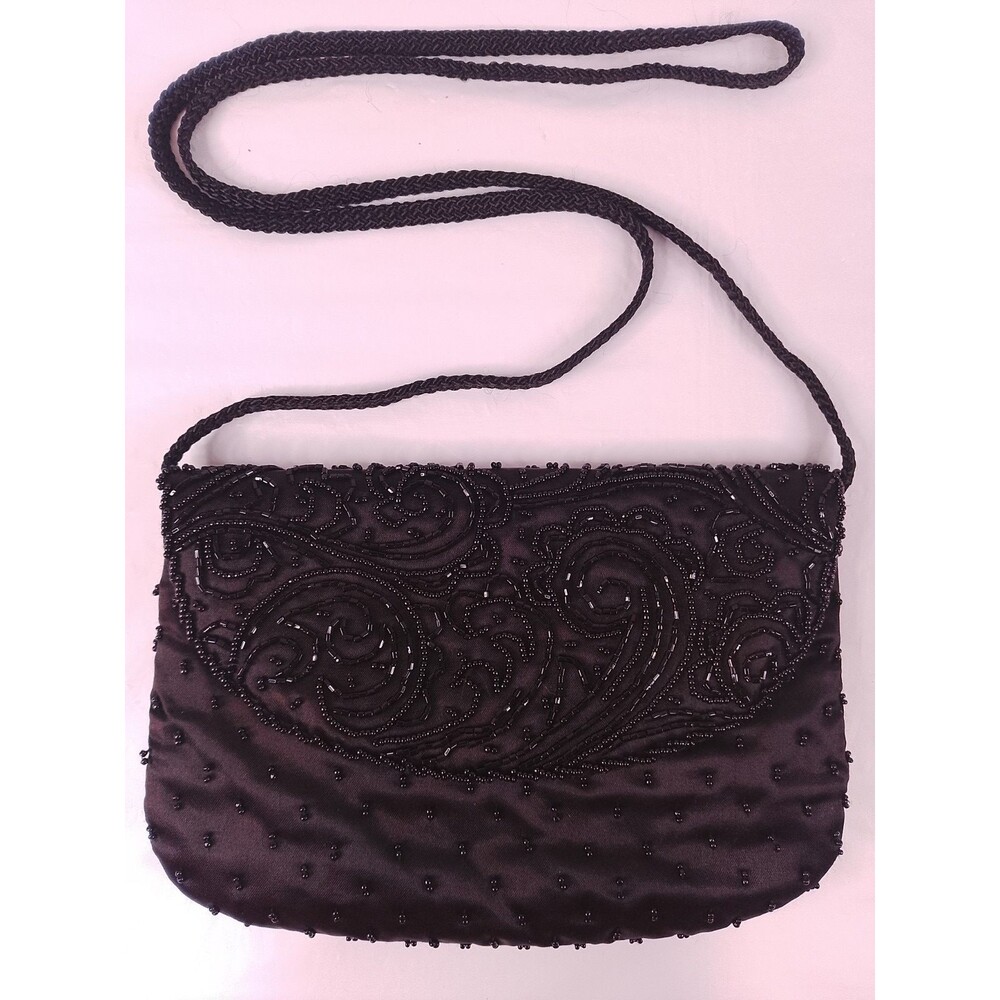La Regale Black Beaded Satin Purse Evening Bag Vintage Clutch Shoulder